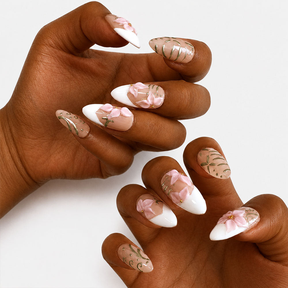 Sheer Nude White French Almond Press On Nails, Handmade 3D Pink Cherry Blossom Green Leaf Gold Bead Spring Fake Nails, Gentle Wedding Reusable Nail Tips