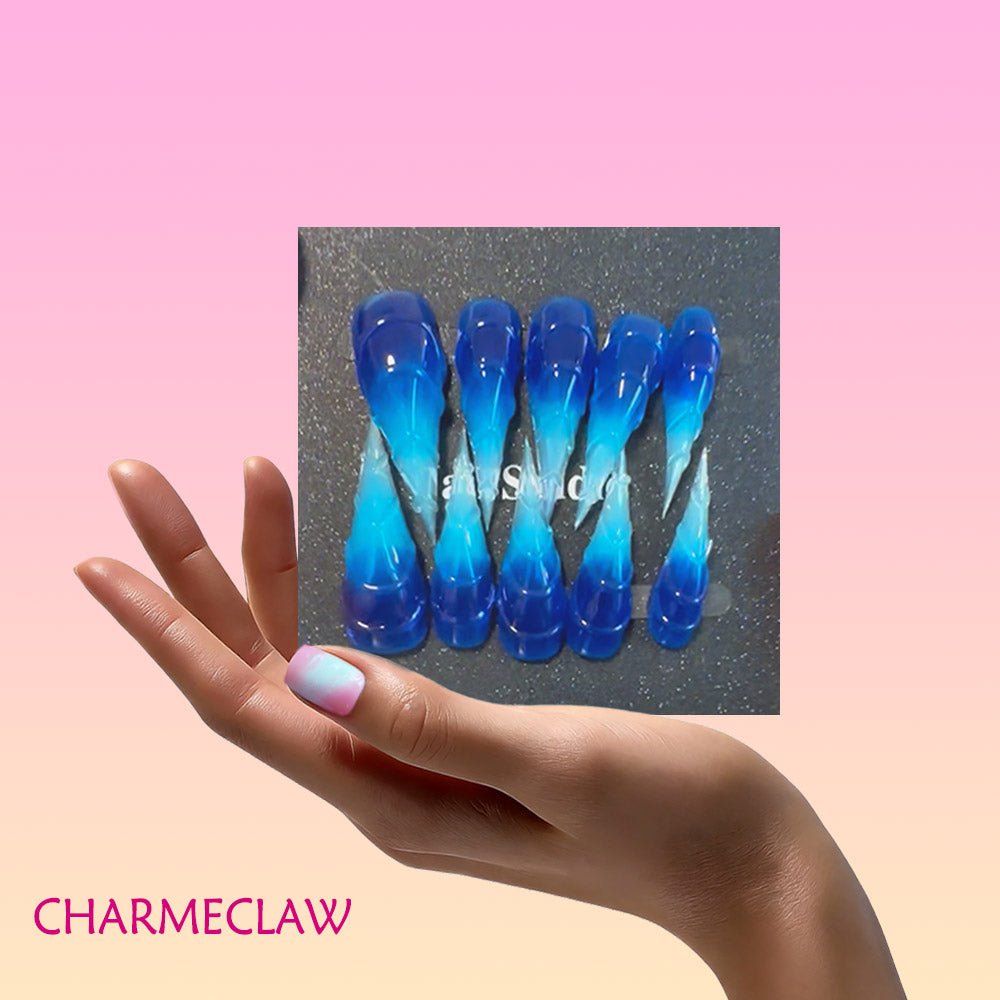 Gradient Blue Dragon Claw Press On Nails, Extra Long 3D Scaled Dragon Talon Fake Nails, Gothic Cosplay Reusable Costume False Nail Tips for Halloween Party