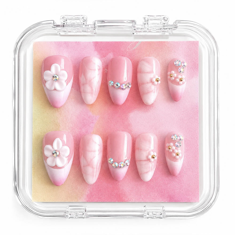 Pink Watercolor Cloud Almond Press On Nails, Handmade Mini White 3D Flower AB Rhinestone Gradient Nude Fake Nails, Gentle Wedding Daily Reusable Nail Tips