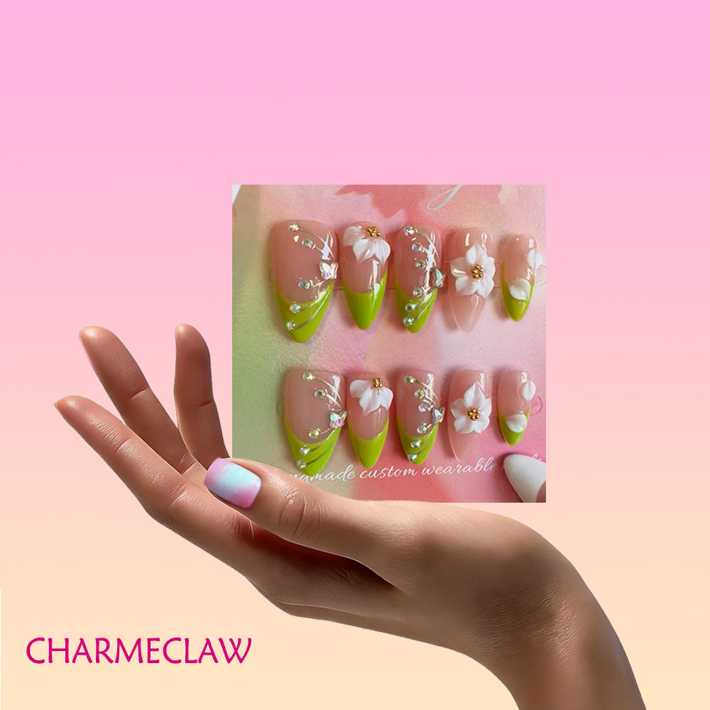 Fresh Green French Tip Almond Press On Nails, Handmade 3D White Flower & Curved Rhinestone Decor Glossy Nude Fake Nails, Spring Elegant Reusable False Nail Tips