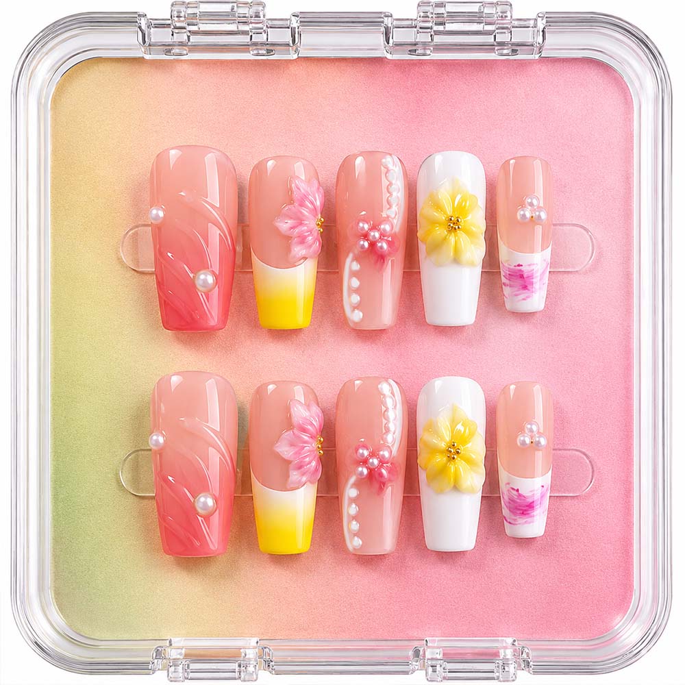 Handmade Pink Nude Gradient Square Press On Nails, 3D Yellow & Pink Flower Rhinestone Decor Glossy Fake Nails, Sweet Floral Reusable False Nail Tips for Daily Wedding