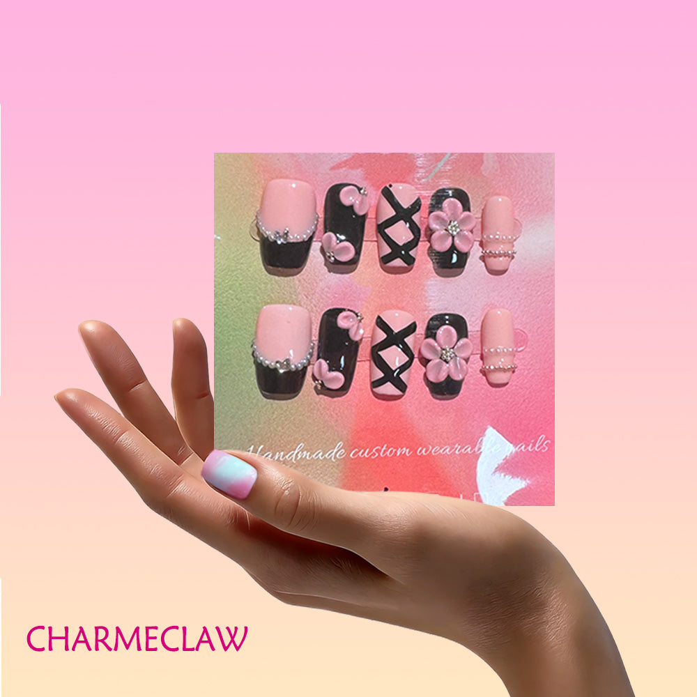 Pink Black Checkered Square Press On Nails, Handmade 3D Pink Flower & Bow Pearl Rhinestone Decor Glossy Handmade Fake Nails, Cute Y2K Reusable False Nail Tips