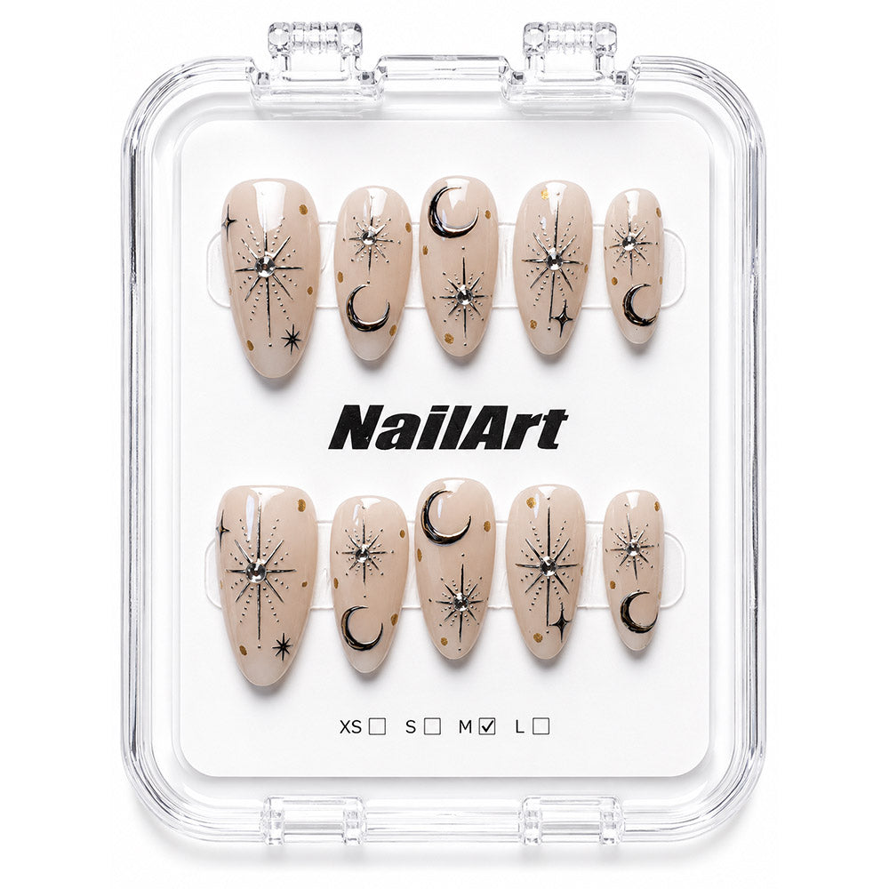 Sheer Nude Almond Press On Nails – Handmade Silver Moon & Star Rhinestone, Gold Flakes | Night Sky Bridal Reusable Nail Tips