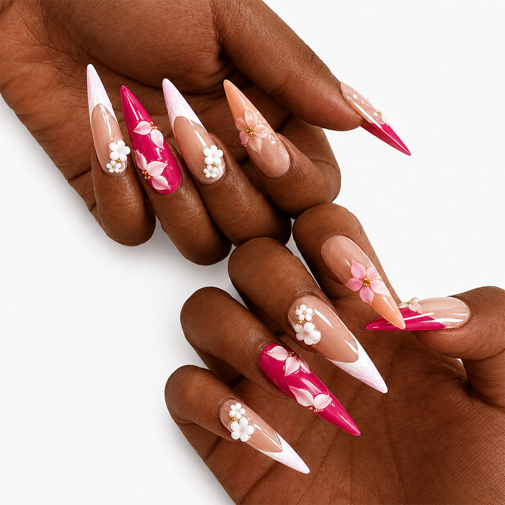 Hot Pink Ombre Stiletto Press On Nails, Handmade 3D Pink Cherry Blossom & Mini White Pearl Flower Glossy Nude Fake Nails, Romantic Bridal Reusable Long False Nail Tips