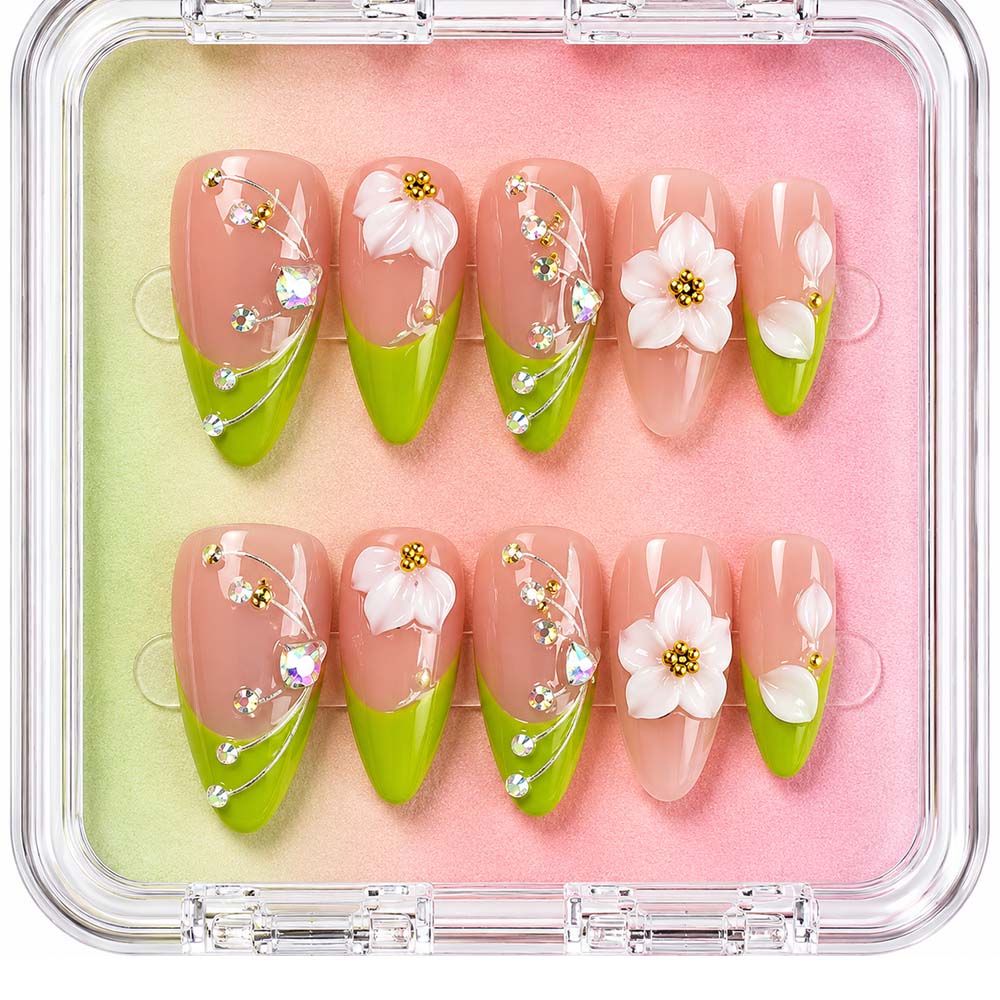 Fresh Green French Tip Almond Press On Nails, Handmade 3D White Flower & Curved Rhinestone Decor Glossy Nude Fake Nails, Spring Elegant Reusable False Nail Tips