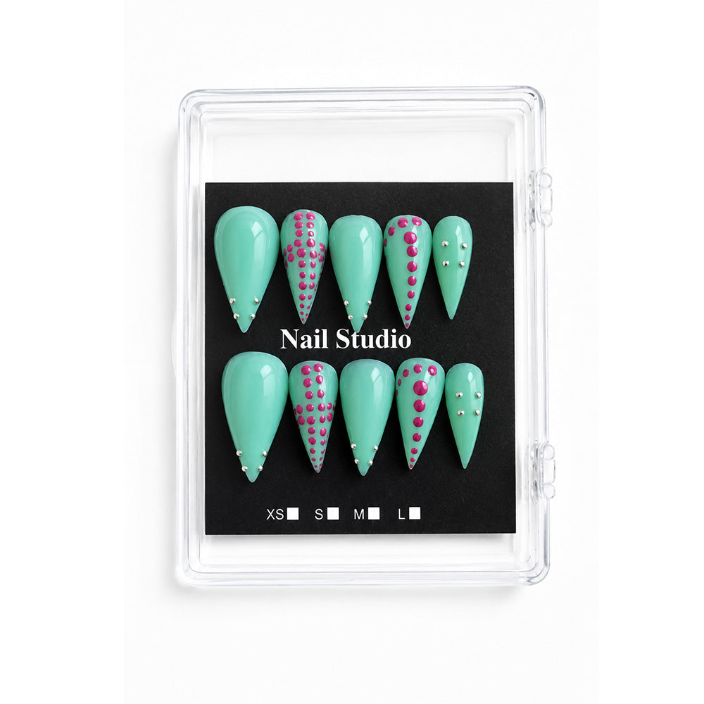 Handmade Mint Green Long Almond Cat Claw Press On Nails, Glossy Solid Fake Nails with Hot Pink Polka Dots & Tiny Silver Metal Studs, Y2K Summer Reusable False Nail Tips for Party Manicure