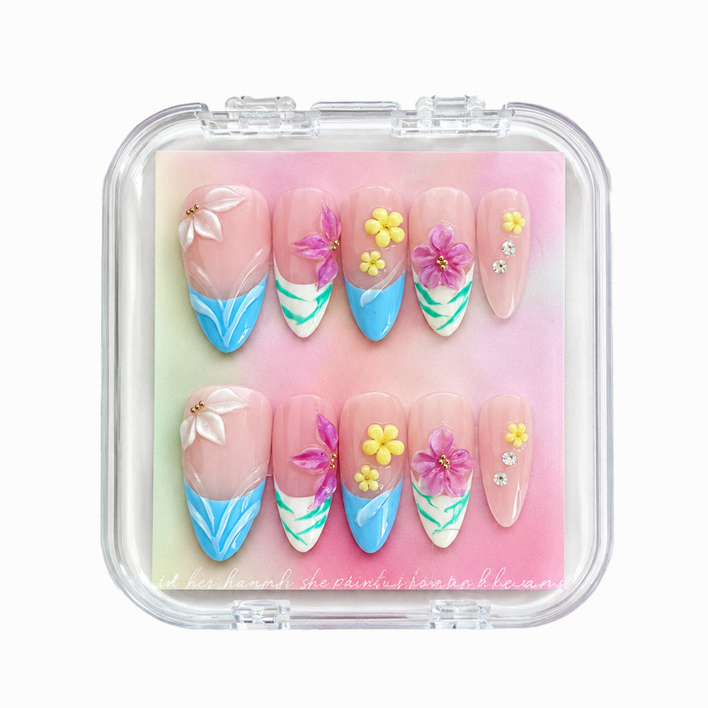 3D Flower Press On Nails | Purely Handmade Light Blue Almond French Tip  Nails, Reusable Spring Floral Nail set