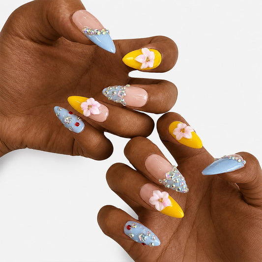 Pastel Blue Yellow French Almond Press On Nails, Handmade 3D Pink Flower & Iridescent Rhinestone Glossy Nude Fake Nails, Summer Cute Reusable False Nail Tips