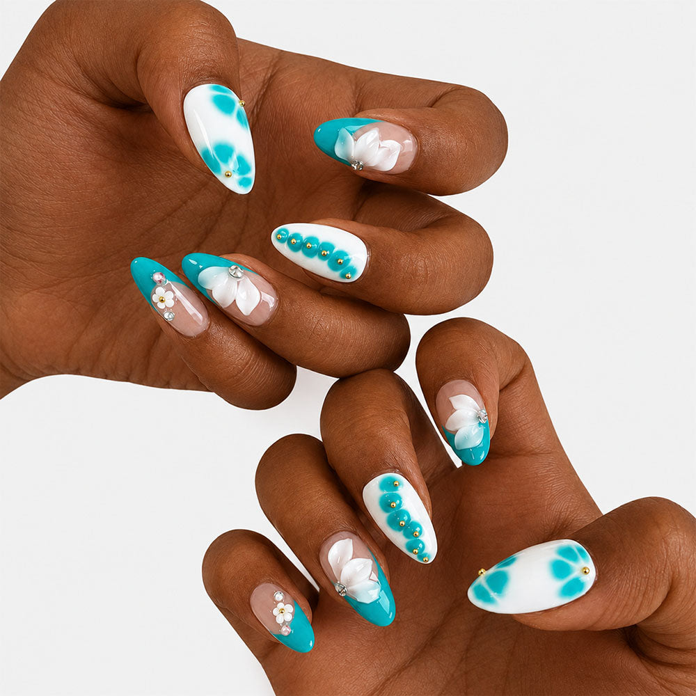 Turquoise White French Almond Press On Nails, Handmade 3D White Flower Pearl Gold Bead Glossy Sheer Nude Fake Nails, Fresh Summer Reusable False Nail Tips for Vacation Daily Manicure