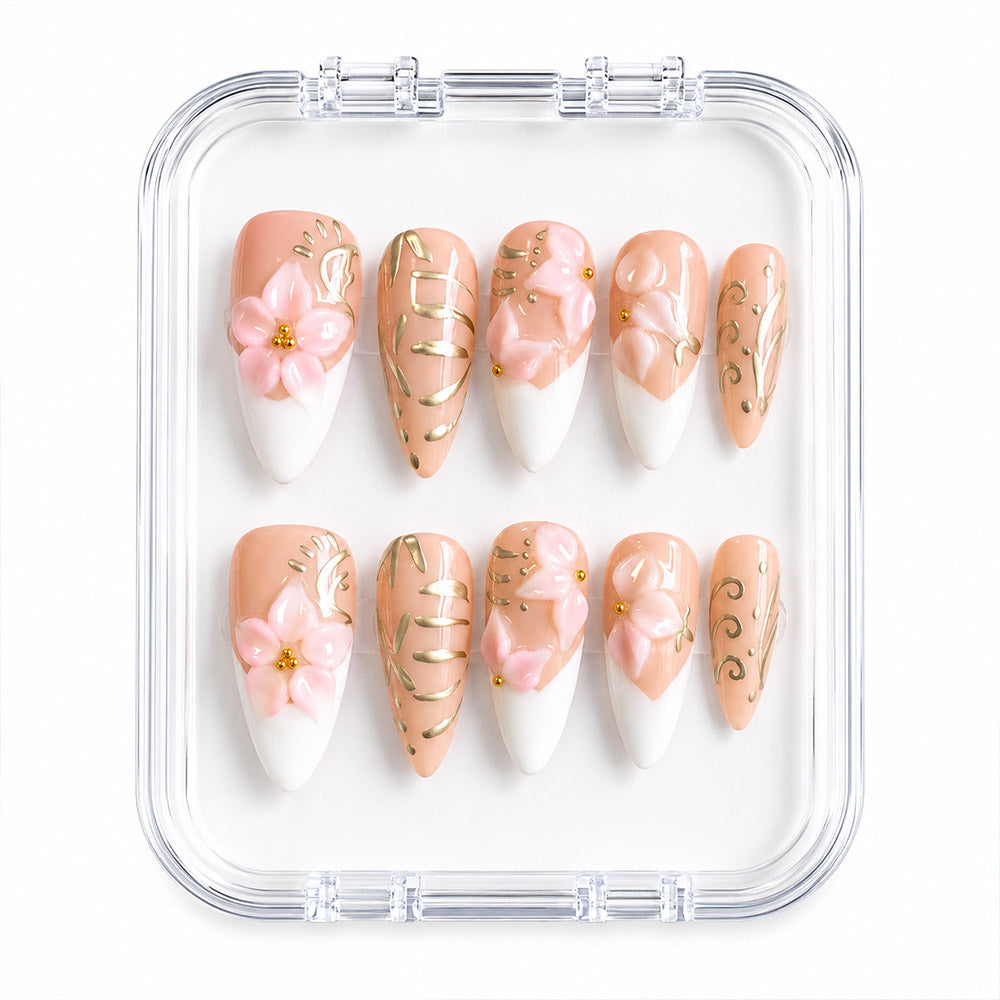 Sheer Nude White French Almond Press On Nails, Handmade 3D Pink Cherry Blossom Green Leaf Gold Bead Spring Fake Nails, Gentle Wedding Reusable Nail Tips
