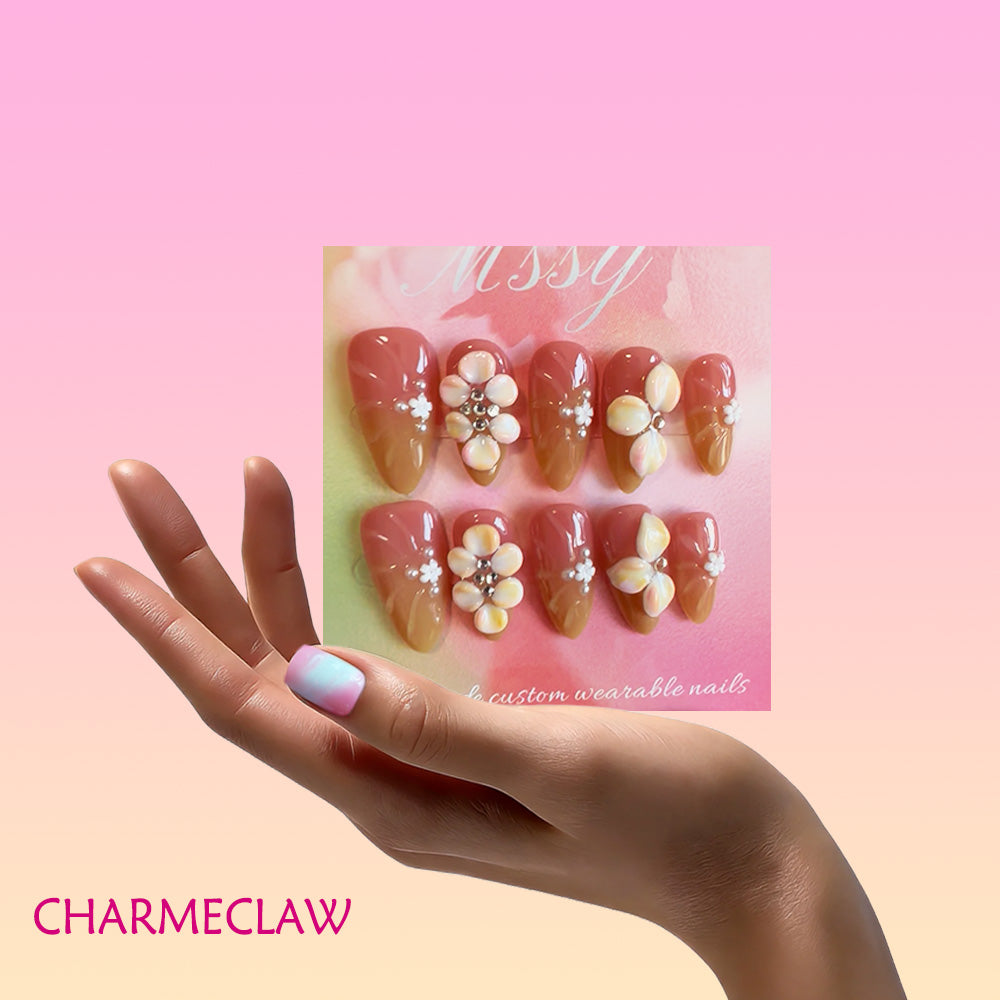 Gradient Pink Brown Almond Press On Nails, Handmade 3D Pearl Petal Flower & Cluster Rhinestone Decor Glossy Fake Nails, Romantic Reusable False Nail Tips for Bridal Daily Wear