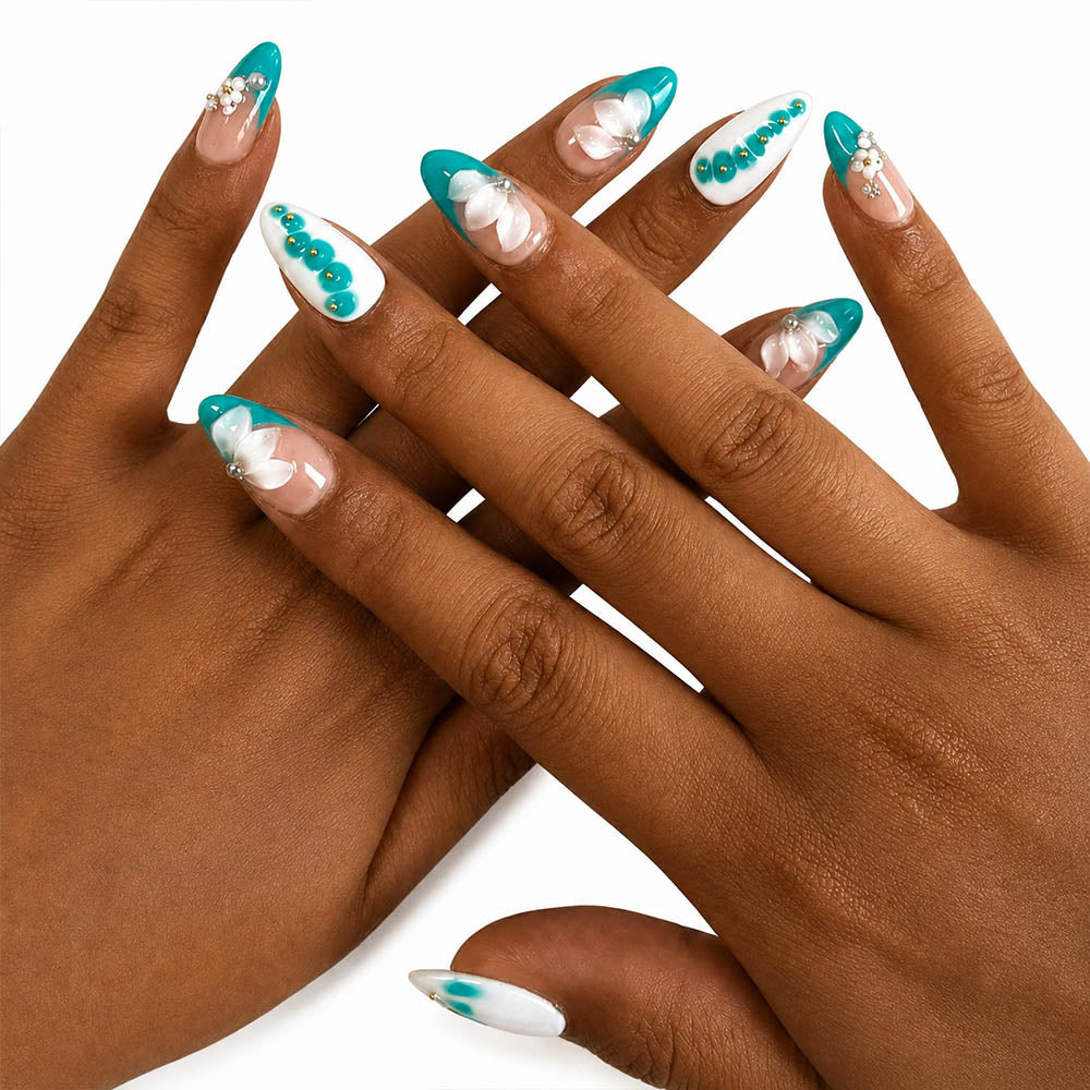 Turquoise White French Almond Press On Nails, Handmade 3D White Flower Pearl Gold Bead Glossy Sheer Nude Fake Nails, Fresh Summer Reusable False Nail Tips for Vacation Daily Manicure