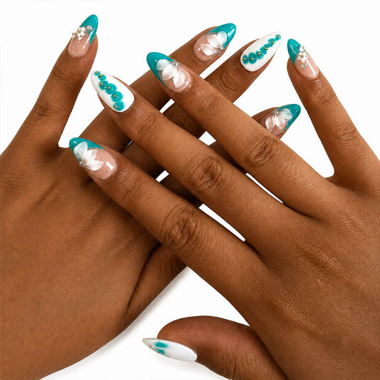 Turquoise White French Almond Press On Nails – Handmade 3D Flower Pearl Bead Reusable Fake Nail Tips