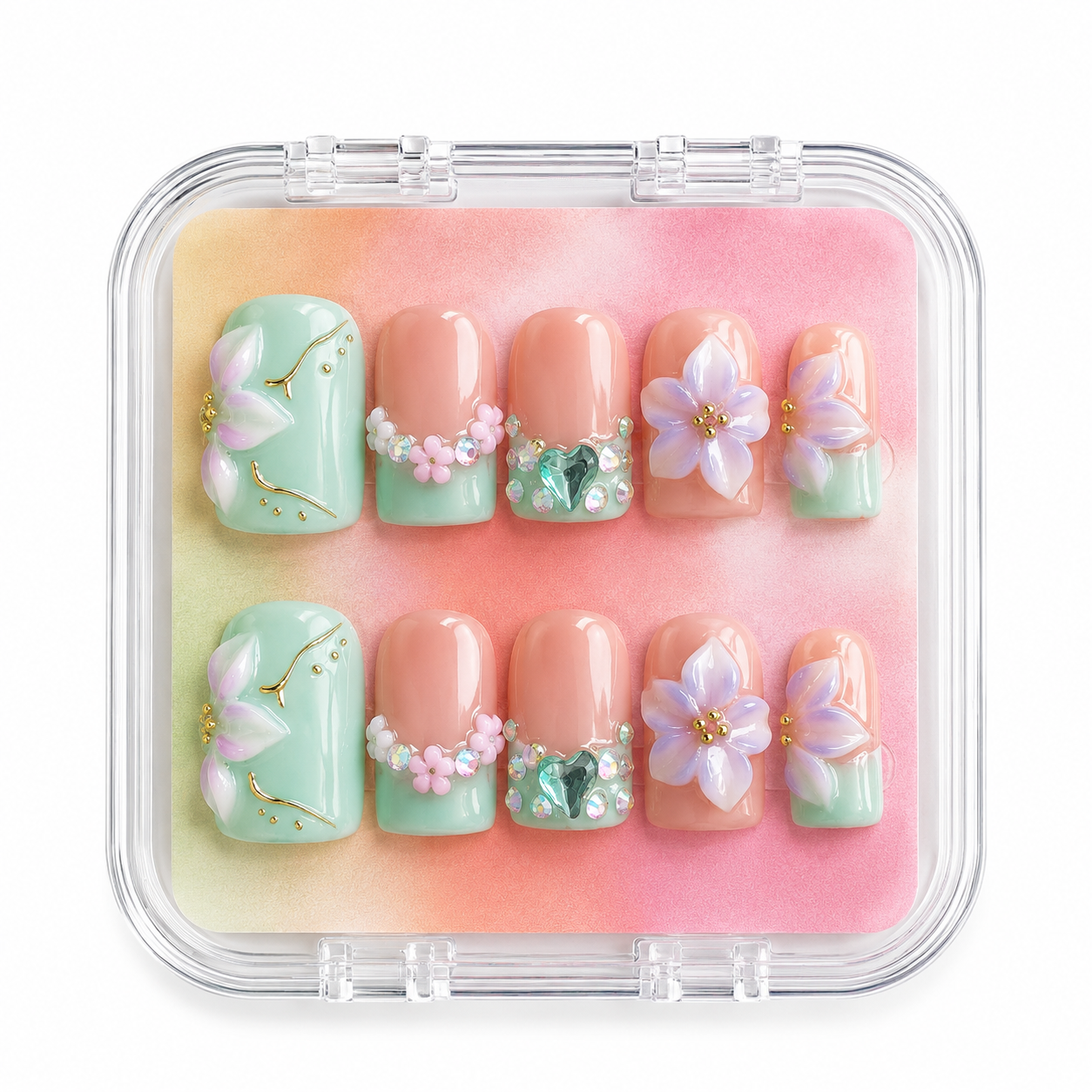 Mint Green French Duck Bill Press On Nails, Handmade 3D Purple Flower Heart Rhinestone Nude Square Fake Nails, Fresh Summer Reusable False Nail Tips