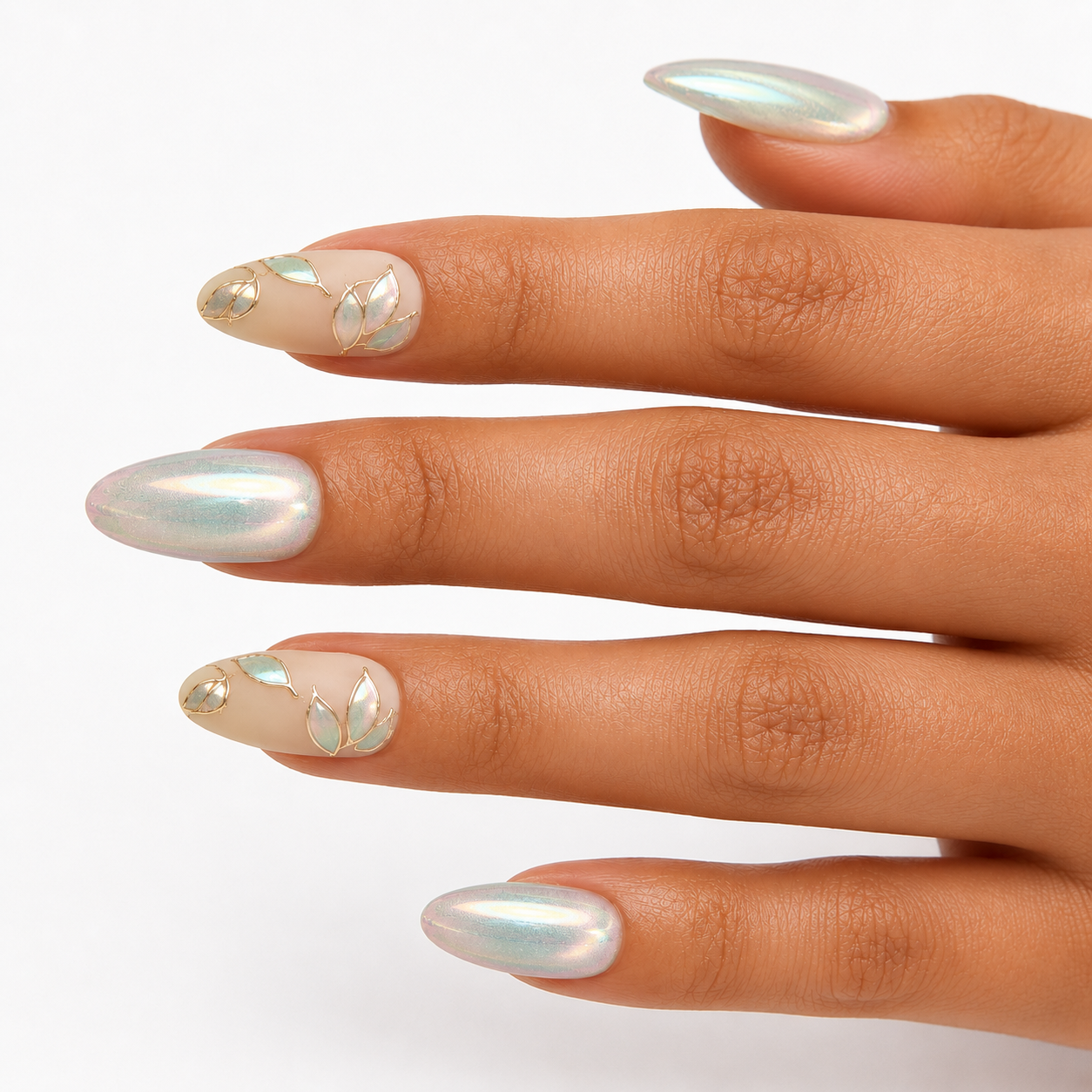 Mint Aurora Cat Eye Almond Press On Nails – Handmade Gold Wire, Mermaid Foil & Iridescent Leaf | Minimal Elegant Bridal Reusable Nail Tips