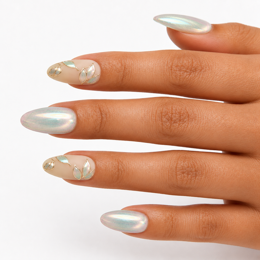 Mint Aurora Cat Eye Almond Press On Nails – Handmade Gold Wire, Mermaid Foil & Iridescent Leaf | Minimal Elegant Bridal Reusable Nail Tips